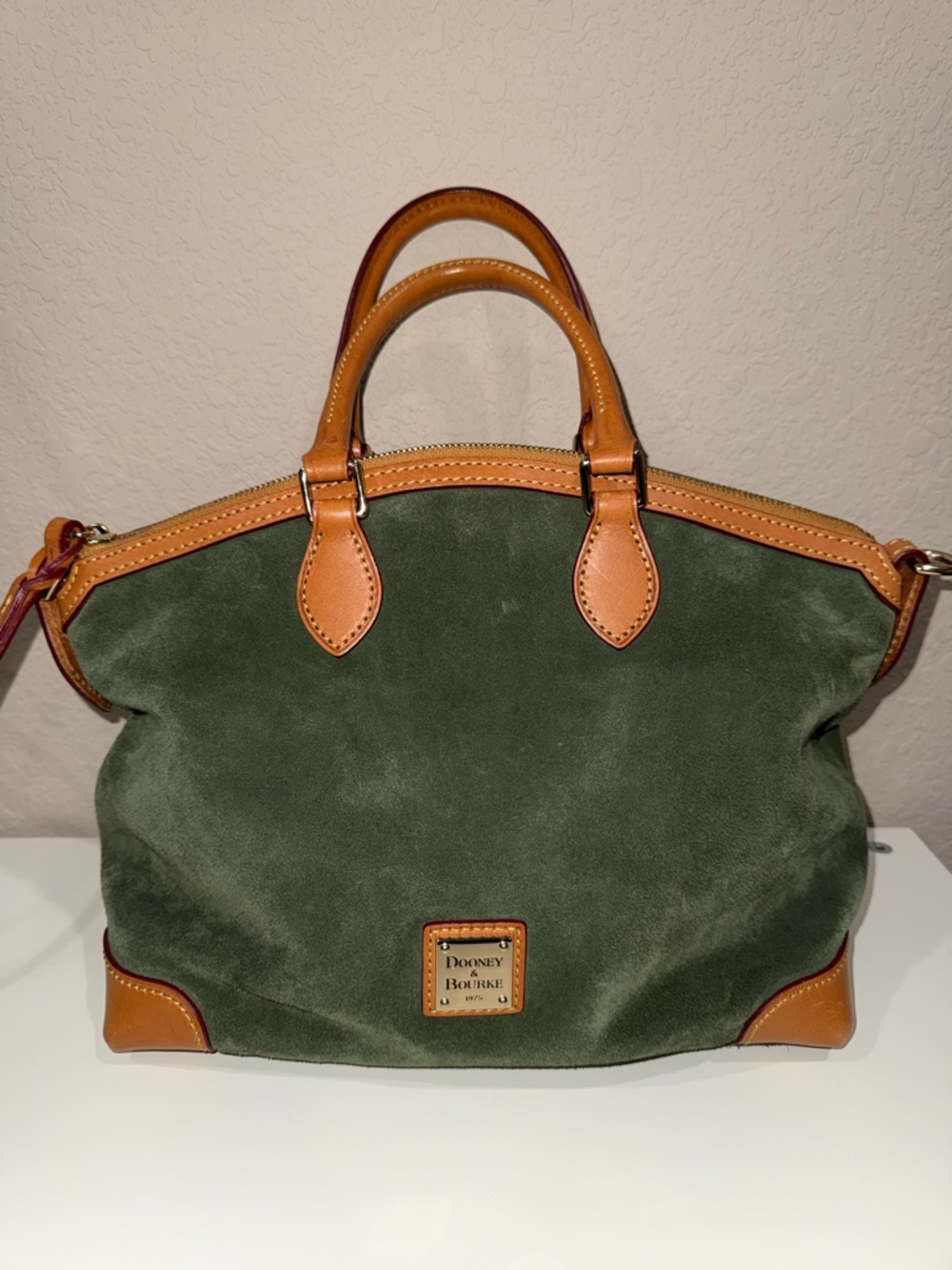 Dooney & Bourke Green Suede Tote with Tan Leather Trim